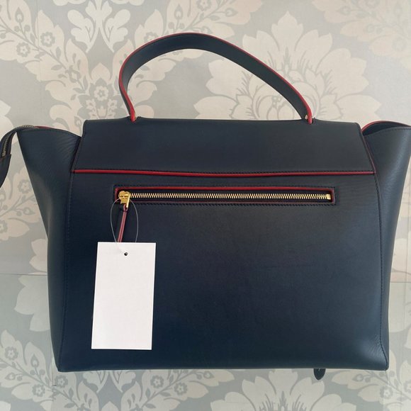 CELINE PARIS Navy / Red Trimmed Leather Bag/Satchel w/ Flap & Strap Detail - Picture 3 of 9